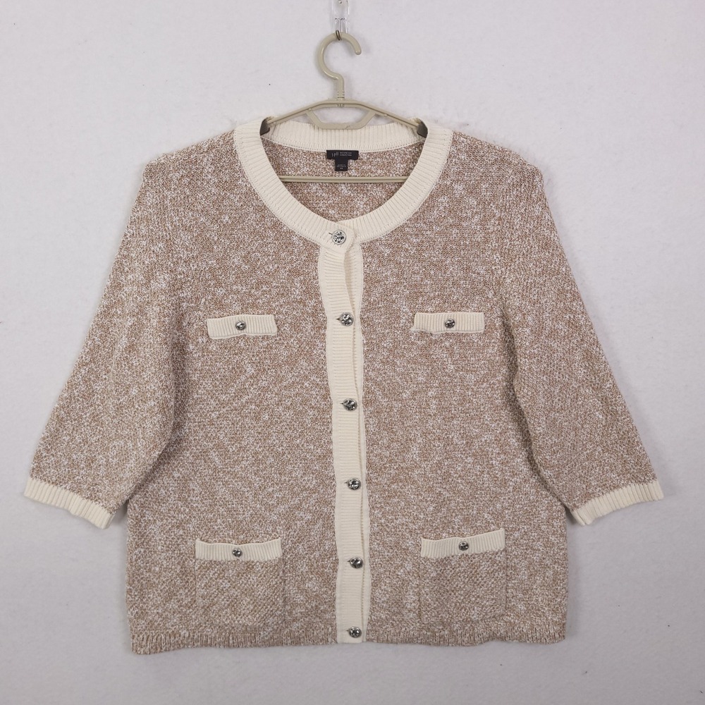 J. Jill Cardigan Sweater Womens Plus 2X Tan Marled Cotton Wearever 3/4 Sleeve